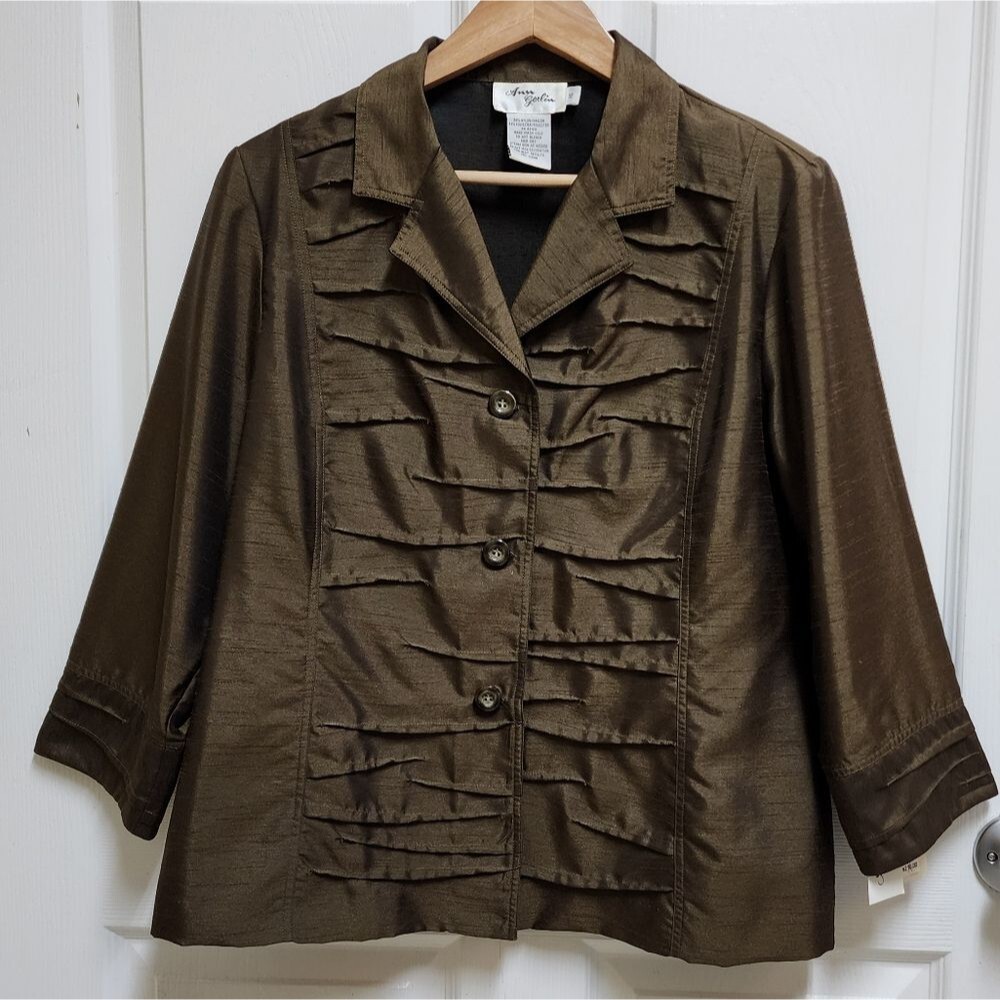 Ann Gerlin Blazer Women 16 Olive Green Asymmetrical Pleated 3/4 Sleeve Button